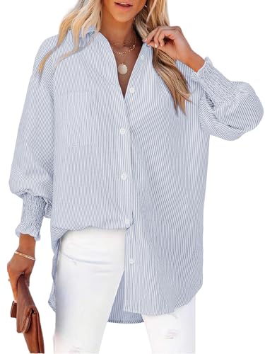 Cuptacc Blusen Damen Langarm V Ausschnitt Striped Knöpfen Oversize Bluse Lockere Passform Baumwolle Button-Down Shirts Mit Falten Bündchen Dunkelblaue Streifen S von Cuptacc