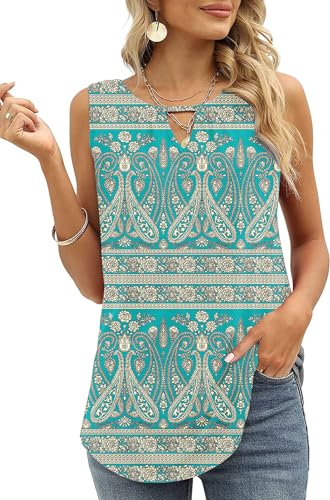 Cuptacc Blusen & Tuniken für Damen Sommer 2024 Casual Scoop Neck Ärmellose Tank Top Einfarbige Eyelet T-Shirts Grüne Cashew Blume 2XL 50-52 von Cuptacc