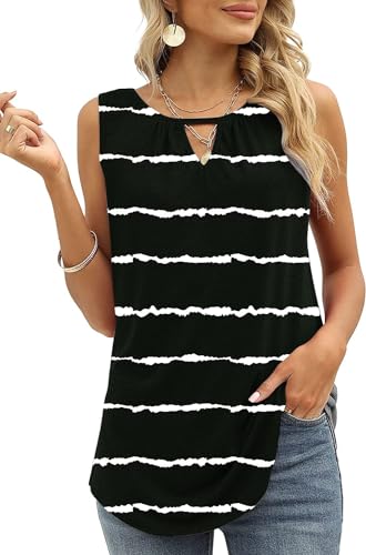 Cuptacc Blusen & Tuniken für Damen Sommer 2025 Casual Scoop Neck Ärmellose Tank Top Einfarbige T-Shirts Schwarzer Wellenstreifen Klein S 34-36 von Cuptacc