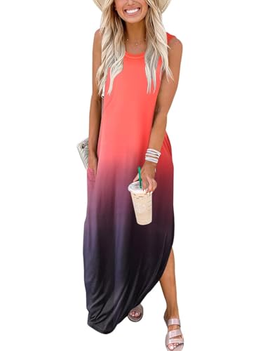 Cuptacc Boho Kleid Damen Sommerkleid Ärmellos Blumenkleid Frühling Maxi Dress mit Taschen Orange Schwarz Gradient,XXl48 von Cuptacc
