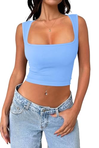 Cuptacc Crop Top Damen Baufreie Eckigem Ausschnitt Spaghetti Tops Croset Lässig Oberteile Ärmelloses Fitness Tshirt Blau XS 30-32 von Cuptacc