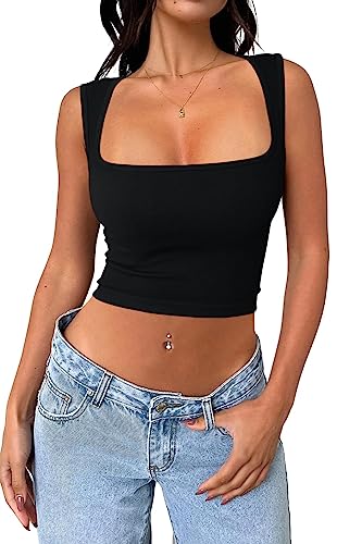 Cuptacc Crop Top Damen Baufreie Eckigem Ausschnitt Spaghetti Tops Croset Lässig Oberteile Ärmelloses Fitness Tshirt Schwarz Klein S 34-36 von Cuptacc