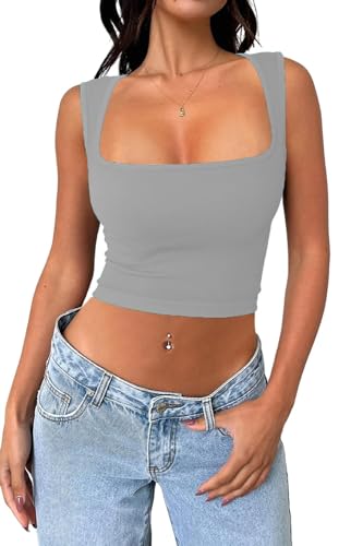 Cuptacc Crop Tops Damen Sommer Fashion Quadratischer Hals Ärmelloses Shirt Elegant Oberteil Y2k Top Aesthetic Clothes Grau Groß L 42-44 von Cuptacc