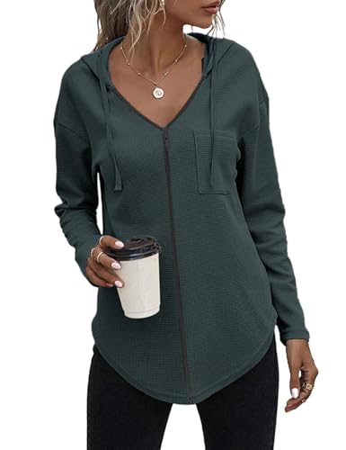 Cuptacc Damen Hoodie Mit Kapuzen V-Ausschnitt Oversize Pullover Damen Zipper Langarm Dünn Fit Herbst Damen Locker Oberteile mit Tasche Dunkelgrün M von Cuptacc