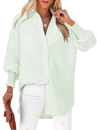 Cuptacc Damen Bluse Gestreift Langarm Blusen Tunika Damen Elegant V-Ausschnitt Geraffte Bündchen Oberteile Freizeit Baggy Knöpfen Tuniken Größen Weiß Hellgrüne Streifen XXL von Cuptacc