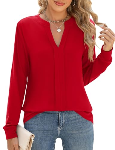 Cuptacc Damen Bluse Langarm Henley Shirts Damen Tuniken Einfarbig Langarmshirt Lässige Festliche Oberteile Hemdbluse Rot, XL 46-48 von Cuptacc