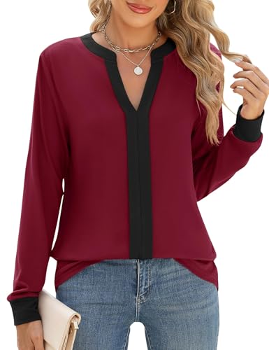 Cuptacc Damen Bluse Langarm Henley Shirts Damen Tuniken Einfarbig Langarmshirt Lässige Festliche Oberteile Hemdbluse Schwarz WeinRot, XL 46-48 von Cuptacc