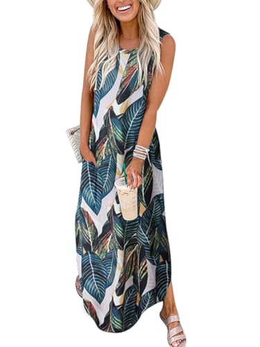 Cuptacc Damen Kleider Ärmellos Lang Strandkleid Hawaii Outfit Freizeitkleid mit Taschen Tropisches Blatt,XXl48 von Cuptacc