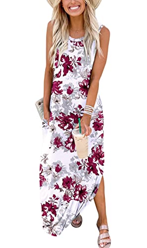 Cuptacc Damen Kleider Ärmellos Lang Strandkleid Hawaii Outfit Freizeitkleid mit Taschen Weisse Blumenmuster,XXL 48 von Cuptacc