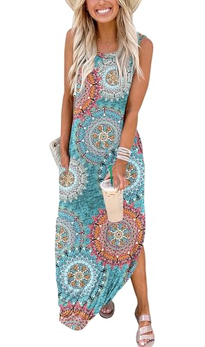 Cuptacc Damen Kleider Sommer Midikleid mit Taschen Tank Kleid Lockere Batik Cocktailkleid Grüne Blumen,XXl48 von Cuptacc
