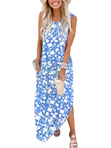 Cuptacc Damen Kleider Sommer Sommerkleid Ärmellos Lang Einfarbiges Strandkleid mit Taschen Blaue Blume,Klein S 34-36 von Cuptacc