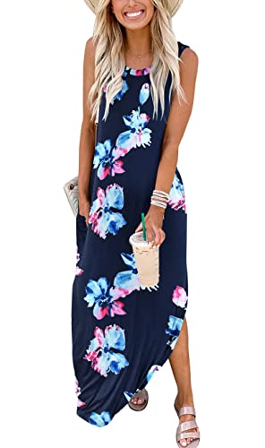 Cuptacc Damen Kleider Sommer Sommerkleid Ärmellos Lang Einfarbiges Strandkleid mit Taschen Marine Blau Blumen,Klein S 34-36 von Cuptacc