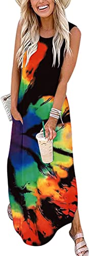 Cuptacc Damen Kleider Sommer Sommerkleid Ärmellos Lang Einfarbiges Strandkleid mit Taschen Rainbow Blume Gradient,Mittel M 38-40 von Cuptacc