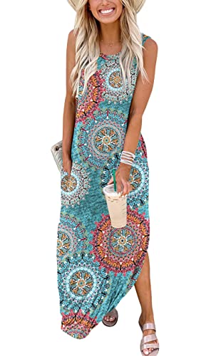 Cuptacc Damen Kleider Sommerkleid Ärmellos Lang Wickelkleid Strand Maxikleid mit Taschen Grüne Blumen,XL 46 von Cuptacc