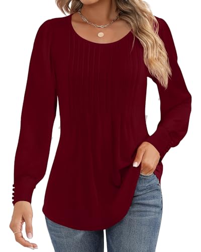 Cuptacc Damen Langarmshirt Locker Elegant 2025 Herbst Puffärmel Mit Button Bluse Elegant Falten Damen Langarmshirt Weinrot Mittel M 38-40 von Cuptacc