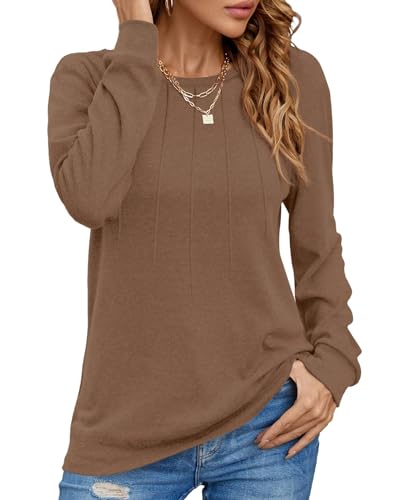 Cuptacc Damen Oberteil 2025 Mode Rundhalsausschnitt Langarmshirt Elegant Falten Basic Lang Tshirt Damen Braun Mittel M 38-40 von Cuptacc