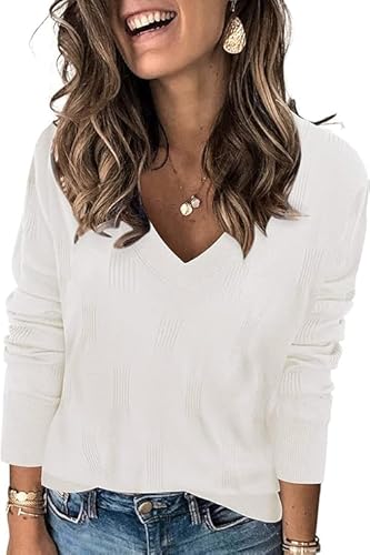 Cuptacc Damen Pullover Bluse V Neck Lange Lässiges Sweatshirts Leichte Weiße, Groß XL 46-48 von Cuptacc