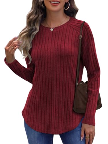 Cuptacc Damen Pullover Elegant Tops Basic Langarmshirt Warmer Damenpullover Winter Locker Shirt Rundhalsausschnitt Weinrot M 38-40 von Cuptacc
