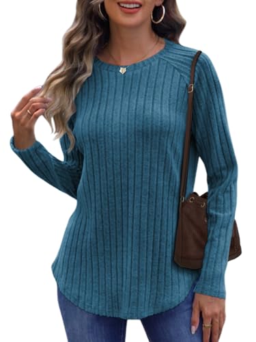 Cuptacc Damen Pullover Eleganter Langarm Shirts Damen Herbst Tops Moderne Tshirt Basic Langarmshirt Rundhalsausschnitt Kleidung Marinablau M 38-40 von Cuptacc