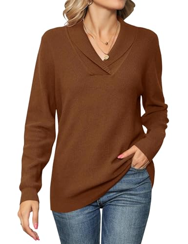 Cuptacc Langarmshirt Damen 2025 Herbst Winter Elegant Thermo Pulli Schickes V-Ausschnitt Dicker Casual Einfarbig Longsleeve Shirt Damen Braun 2XL 50-52 von Cuptacc