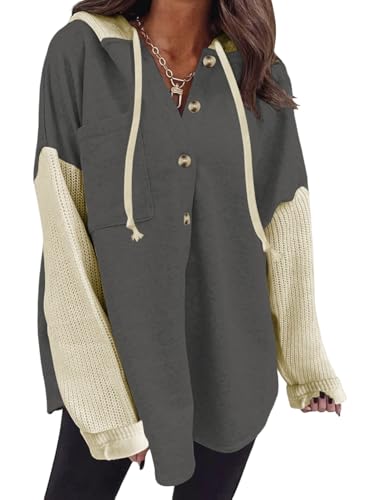 Cuptacc Damen Pullover Herbst Oversize Langarm V Ausschnitt Sweatshirt Damen Mit Tasche Locker Kapuzenpullover Hoody Dunkel Grau, Klein S 36 von Cuptacc