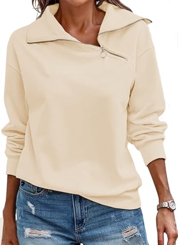 Cuptacc Damen Pullover Herbst Quarter Zip Langarm Rollkragen Sweatshirts Casual Einfarbig Oberteile Damen Elegant Aprikose, Groß L 42-44 von Cuptacc