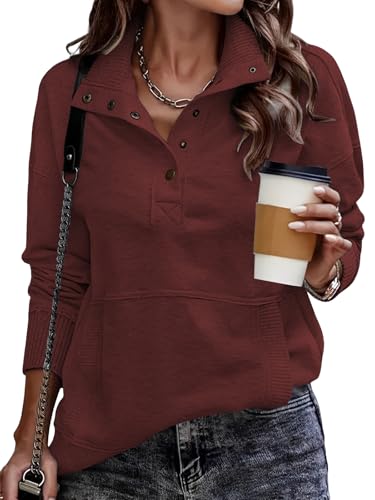 Cuptacc Damen Pullover Herbst Sweatshirt Damen Henleykragen Oberteile Langarm Stehkragen Enthält Baumwolle Weinrot Mittel M 38-40 von Cuptacc