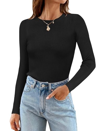 Cuptacc Damen Pullover Langarm 2024 Mode Tshirt Rundhals Gestreifte Herbst Tops Casual Oberteile Elegant Schwarz, Mittel M 38-40 von Cuptacc