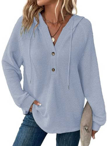 Cuptacc Damen Pullover Oversize Tiefer V Ausschnitt Waffle Strickpullover Lockere Mit Drawstring Hoodie Pullover Airy Beiläufig Knopfleiste Top Blau Plus Size XXXL von Cuptacc