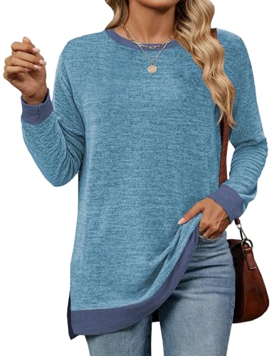 Cuptacc Damen Pullover Rundhalausschnitt Langarm Tunika Oberteile Farbabstimmung Langarmshirts Für Damen 2024 Blau 3XL von Cuptacc