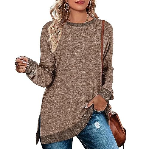 Cuptacc Damen Pullover Rundhalausschnitt Langarm Tunika Oberteile Farbabstimmung Sweatshirt 2023 Braun XL 46-48 von Cuptacc