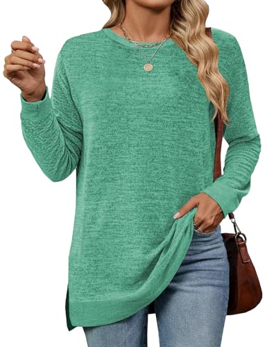 Cuptacc Damen Pullover Rundhalsausschnitt Langarm Tunika Elegant Einfarbig Oberteile Lang Damen 2024 Mode Grün Mittel M 38-40 von Cuptacc