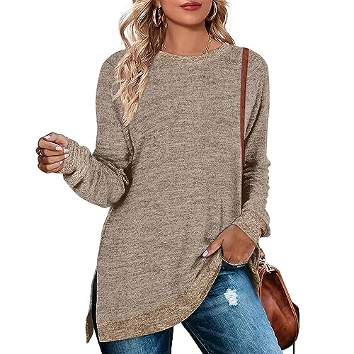 Cuptacc Damen Pullover Rundhalausschnitt Langarm Tunika Oberteile Farbabstimmung Sweatshirt 2023 Khaki Mittel M 38-40 von Cuptacc