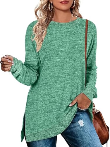 Cuptacc Damen Pullover Rundhalsausschnitt Langarm Oberteile Elegant Farbabstimmung Sweatshirt 2024 Grün XXL 50-54 von Cuptacc