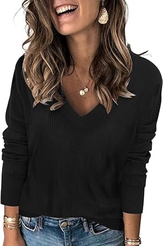 Cuptacc Damen Pullover V Ausschnitt Oberteil Gestricktes Fall Sweatshirts Schwarz, Mittel M 38-40 von Cuptacc