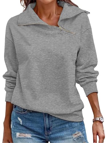 Cuptacc Damen Pullover Winter Quarter Zip Rollkragen Langärmelig Sport Top Damen Loose Baisc Einfarbig Outfit Dunkel Grau, Mittel M 38-40 von Cuptacc