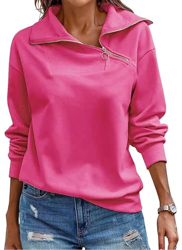 Cuptacc Damen Pullover Winter Quarter Zip Rollkragen Langärmelig Sport Top Damen Loose Baisc Einfarbig Outfit Rosa, Mittel M 38-40 von Cuptacc