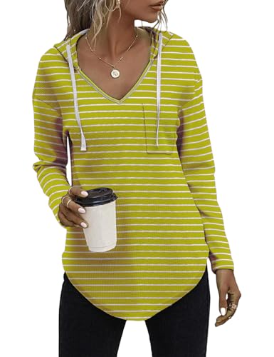 Cuptacc Damen Strickpullover Hoodie Sweatshirt Damen Langarmshirt Hoodies Pullover Sweatshirt Gelb und Weiß Streifen XL von Cuptacc