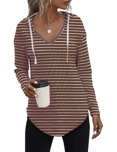 Cuptacc Damen Strickpullover Hoodie Sweatshirt Damen Langarmshirt Hoodies Pullover Sweatshirt Kaffeeweiß Streifen M von Cuptacc