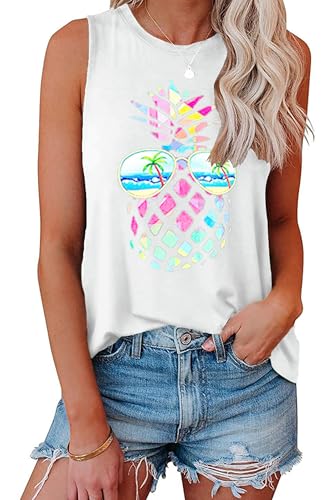 Cuptacc Damen Top Sommer 2024 Ärmellos Lockere Oberteile Ananasmuster Rundhals Tank Top Damen Weiß XL 46-48 von Cuptacc