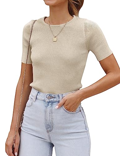 Cuptacc Damen Tops Sommer T-Shirt Rundhals Oberteile Arbeiten Baumwolle Sexy Aprikose, Mittel M 38-40 von Cuptacc