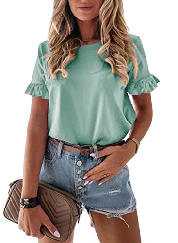 Cuptacc Damen Tshirt Casual Damen Crewneck Leichte Sport Top Klassischer Cute Rüschen Kurze Ärmel Tops Grün Klein S 34-36 von Cuptacc