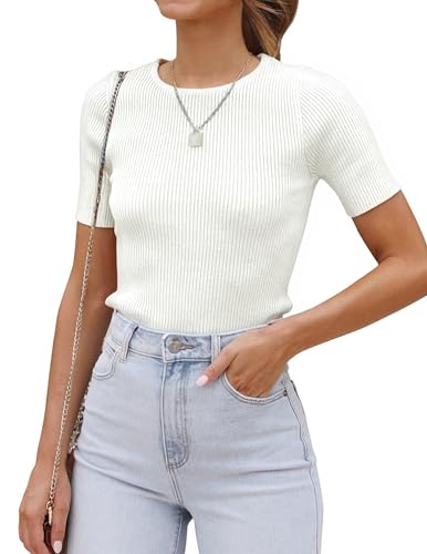 Cuptacc Damen Tshirt Kurzarm Rundhals Oberteile Skims Tops mit Gestrickt Weiße Mittel M 38-40 von Cuptacc