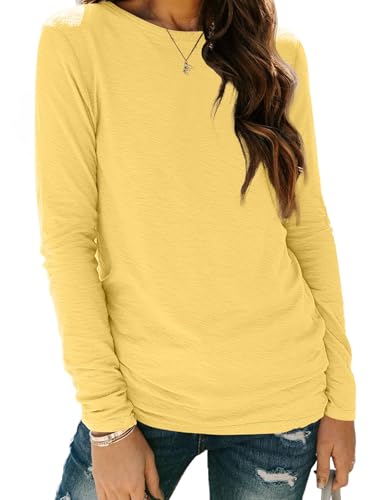 Cuptacc Damen Tshirt Locker Shirt Damen Casual Longsleeve Basic Oberteile Rundhals Tops Langarm Einfarbig Gelb L 42-44 von Cuptacc