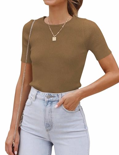 Cuptacc Damen Tshirt Rundhals Gestreifte Basic Oberteile Crop Tops Elegante Braun,Mittel M 38-40 von Cuptacc