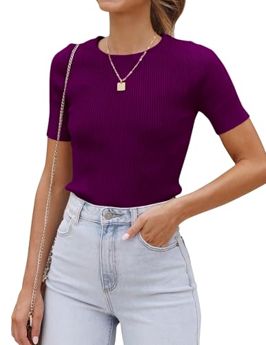 Cuptacc Damen Tshirt Rundhals Gestreifte Basic Oberteile Crop Tops Elegante Dunkelviolett,Mittel M 38-40 von Cuptacc