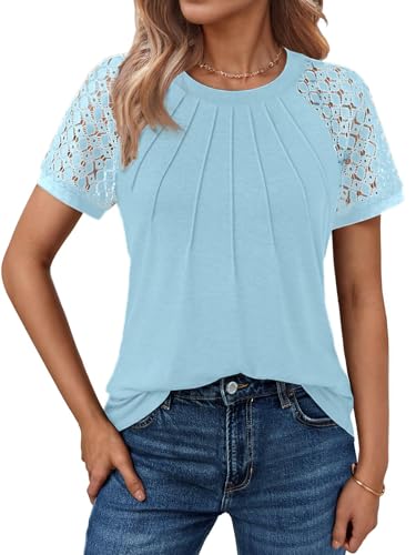 Cuptacc Damen Tshirt Sommer Spitze Bluse Mit Rundhalsausschnitt with Pleats Tunika Shirt Leicht Himmelblau, Mittel M 38-40 von Cuptacc