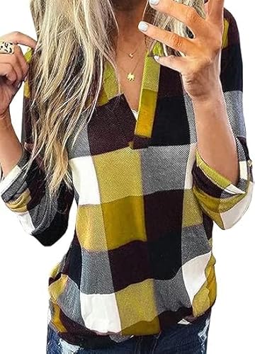 Cuptacc Herbst Outfit Damen Kariertes Lässig Hemd Klassischer Schnitt Langarm Plaid Tshirt Gelb Mittel M 38-40 von Cuptacc