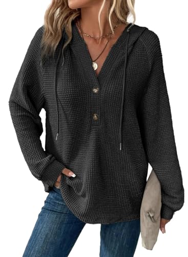Cuptacc Hoodie Damen Kapuzenpullover Knopfleiste Leichter Sweatshirt Langarm Pullover Damen Oversize Winter Schwarz Groß L 42-44 von Cuptacc