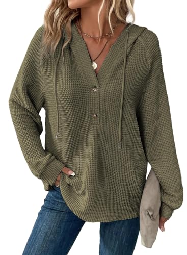 Cuptacc Hoodie Damen Kapuzenpullover Leichter Sweatshirt Langarm Pullover Mit Knopfkragen Damen Lockere Frühling Armeegrün XL 46-48 von Cuptacc